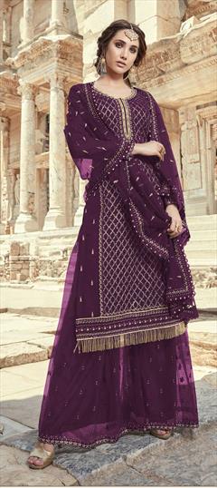 Festive, Reception Purple and Violet color Salwar Kameez in Georgette fabric with Palazzo Embroidered, Resham, Sequence, Thread, Zari work : 1851652