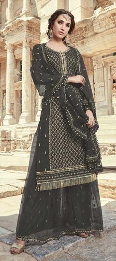 Festive, Reception Black and Grey color Salwar Kameez in Georgette fabric with Palazzo Embroidered, Resham, Sequence, Thread, Zari work : 1851657
