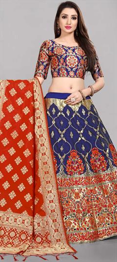 Festive, Party Wear Blue, Gold color Lehenga in Banarasi Silk fabric with A Line Weaving work : 1851658