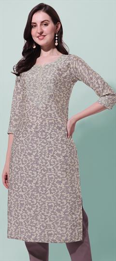 Festive, Party Wear Beige and Brown color Kurti in Rayon fabric with Straight Embroidered, Printed work : 1851661
