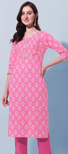 Festive, Party Wear Pink and Majenta color Kurti in Cotton fabric with Straight Embroidered, Printed work : 1851667