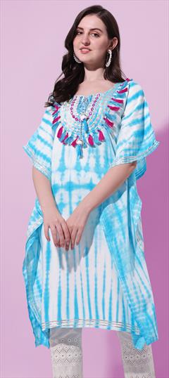 Party Wear Blue color Kaftan in Rayon fabric with Trendy Embroidered, Printed, Tye n Dye work : 1851678