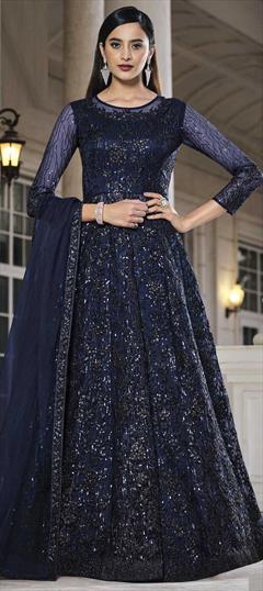 Mehendi Sangeet, Party Wear, Reception Blue color Salwar Kameez in Net fabric with Anarkali Embroidered, Sequence work : 1851682