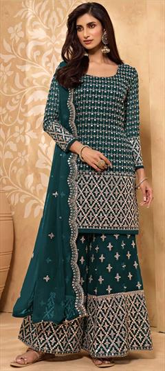 Festive, Reception Blue color Salwar Kameez in Georgette fabric with Palazzo Embroidered, Thread work : 1851736