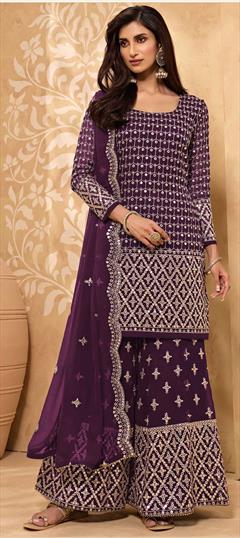 Festive, Reception Purple and Violet color Salwar Kameez in Georgette fabric with Palazzo Embroidered, Thread work : 1851742