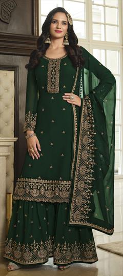 Engagement, Reception, Wedding Green color Salwar Kameez in Georgette fabric with Sharara Embroidered, Lace, Sequence work : 1851804