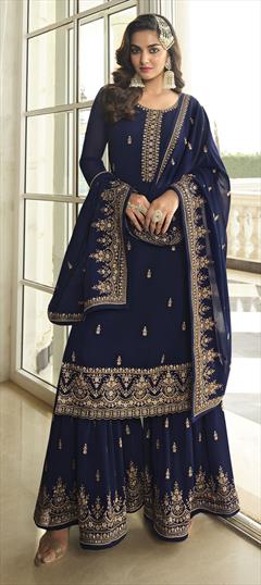 Engagement, Reception, Wedding Blue color Salwar Kameez in Georgette fabric with Sharara Embroidered, Lace, Sequence work : 1851809