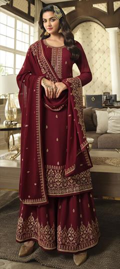 Engagement, Reception, Wedding Red and Maroon color Salwar Kameez in Georgette fabric with Sharara Embroidered, Lace, Sequence work : 1851810