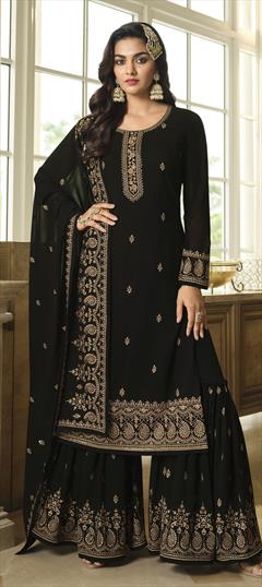 Engagement, Reception, Wedding Black and Grey color Salwar Kameez in Georgette fabric with Sharara Embroidered, Lace, Sequence work : 1851812