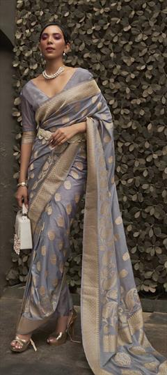 Party Wear, Traditional Black and Grey color Saree in Art Silk, Silk fabric with South Weaving work : 1851913