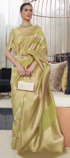Traditional Gold, Green color Saree in Organza Silk, Silk fabric with South Weaving work : 1851938