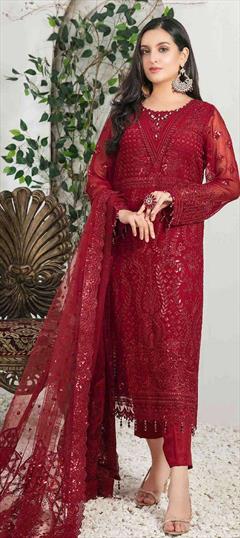 Party Wear Red and Maroon color Salwar Kameez in Georgette fabric with Pakistani, Straight Embroidered, Sequence, Thread work : 1851971