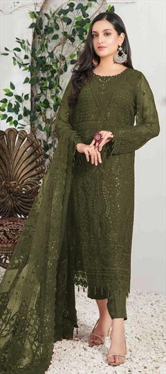 Party Wear Green color Salwar Kameez in Georgette fabric with Pakistani, Straight Embroidered, Sequence, Thread work : 1851974