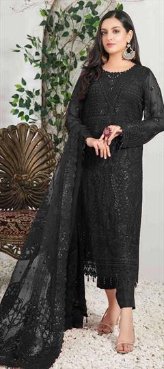 Party Wear Black and Grey color Salwar Kameez in Georgette fabric with Pakistani, Straight Embroidered, Sequence, Thread work : 1851977