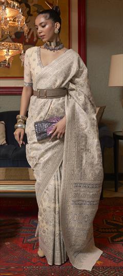 Party Wear, Traditional Beige and Brown color Saree in Art Silk, Silk fabric with South Weaving work : 1852035