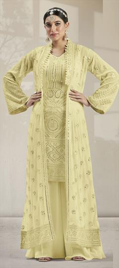 Festive, Party Wear Yellow color Salwar Kameez in Georgette fabric with Embroidered, Mirror, Thread work : 1852075