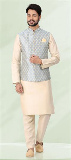 Beige and Brown color Kurta Pyjama with Jacket in Banarasi Silk fabric with Weaving work : 1852183