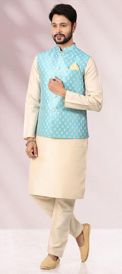 Beige and Brown color Kurta Pyjama with Jacket in Banarasi Silk fabric with Weaving work : 1852203