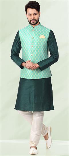 Green color Kurta Pyjama with Jacket in Banarasi Silk fabric with Weaving work : 1852206