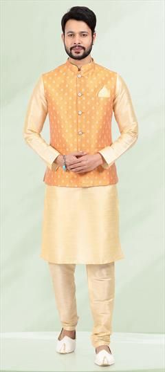 Beige and Brown color Kurta Pyjama with Jacket in Banarasi Silk fabric with Weaving work : 1852208