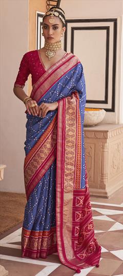 Traditional Blue, Red and Maroon color Saree in Patola Silk, Silk fabric with South Printed, Weaving work : 1852295