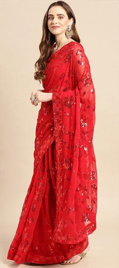 Traditional Red and Maroon color Saree in Georgette fabric with South Embroidered, Sequence, Thread work : 1852296