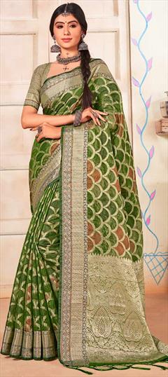 Festive Green color Saree in Organza Silk fabric with South Weaving work : 1852369