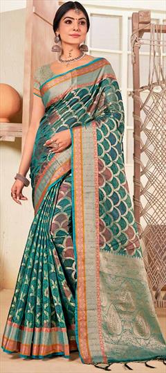 Festive Blue color Saree in Organza Silk fabric with South Weaving work : 1852371