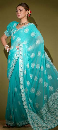 Designer Blue color Saree in Georgette fabric with Classic Embroidered, Thread work : 1852494
