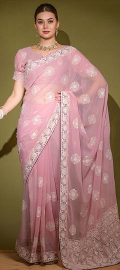 Designer Pink and Majenta color Saree in Georgette fabric with Classic Embroidered, Thread work : 1852495