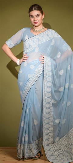 Designer Blue color Saree in Georgette fabric with Classic Embroidered, Thread work : 1852499