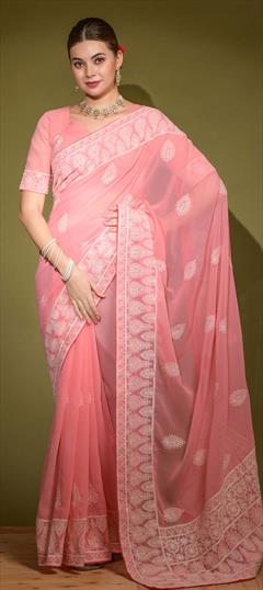 Designer Pink and Majenta color Saree in Georgette fabric with Classic Embroidered, Thread work : 1852500