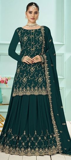 Reception, Wedding Green color Salwar Kameez in Faux Georgette fabric with Palazzo Embroidered work : 1852909