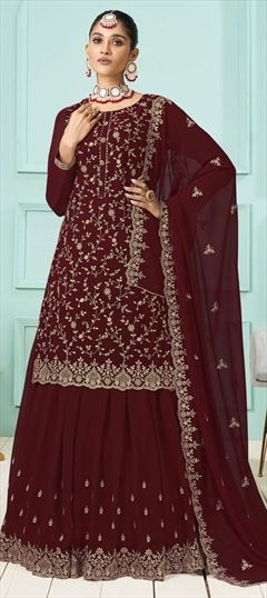 Reception, Wedding Red and Maroon color Salwar Kameez in Faux Georgette fabric with Palazzo Embroidered work : 1852915