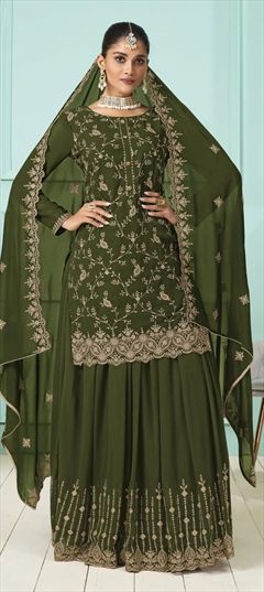 Reception, Wedding Green color Salwar Kameez in Faux Georgette fabric with Palazzo Embroidered work : 1852917
