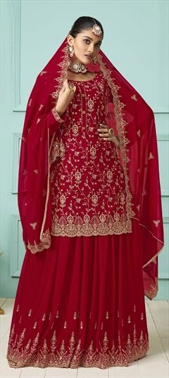 Reception, Wedding Red and Maroon color Salwar Kameez in Faux Georgette fabric with Palazzo Embroidered work : 1852921