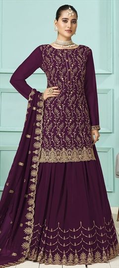 Reception, Wedding Purple and Violet color Salwar Kameez in Faux Georgette fabric with Palazzo Embroidered work : 1852925