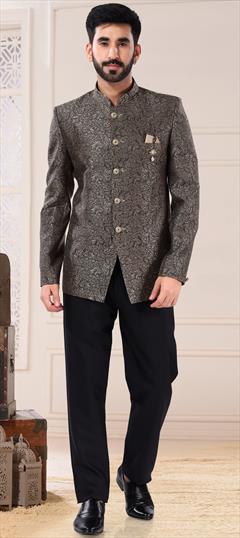 Black and Grey color Jodhpuri Suit in Jacquard fabric with Broches work : 1852970