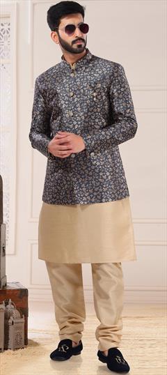 Blue color Kurta Pyjama with Jacket in Jacquard fabric with Broches work : 1852999