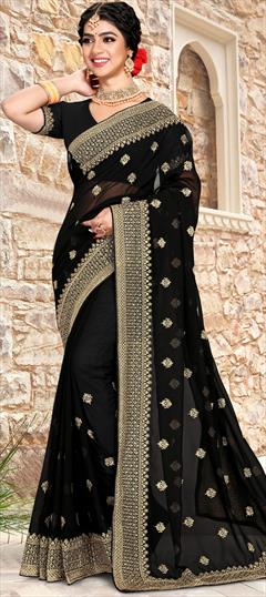 Engagement, Party Wear, Reception Black and Grey color Saree in Georgette fabric with Classic Embroidered, Stone, Thread, Zari work : 1853100
