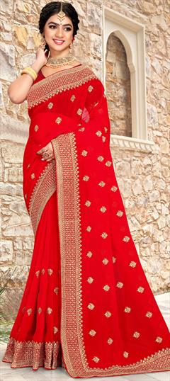 Engagement, Party Wear, Reception Red and Maroon color Saree in Georgette fabric with Classic Embroidered, Stone, Thread, Zari work : 1853106