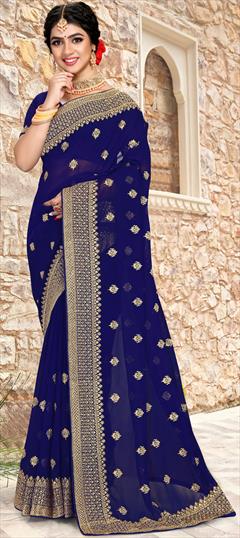 Engagement, Party Wear, Reception Blue color Saree in Georgette fabric with Classic Embroidered, Stone, Thread, Zari work : 1853116