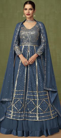 Reception, Wedding Blue color Long Lehenga Choli in Faux Georgette fabric with A Line Embroidered, Sequence, Thread work : 1853222