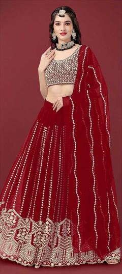 Mehendi Sangeet, Reception Red and Maroon color Lehenga in Faux Georgette fabric with A Line Embroidered, Mirror, Thread work : 1853338