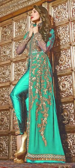 Bollywood, Designer Green color Salwar Kameez in Georgette fabric with Slits Embroidered, Stone, Thread, Zari work : 1853378