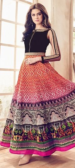 Bollywood, Designer Multicolor color Salwar Kameez in Bhagalpuri Silk, Velvet fabric with Anarkali Embroidered, Printed work : 1853385