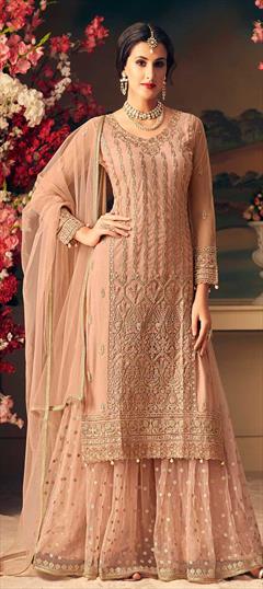 Bollywood Pink and Majenta color Salwar Kameez in Net fabric with Palazzo, Straight Embroidered, Stone, Thread, Zari work : 1853436