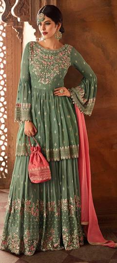Bollywood Green color Salwar Kameez in Georgette fabric with Anarkali, Palazzo Embroidered, Stone, Thread, Zari work : 1853439