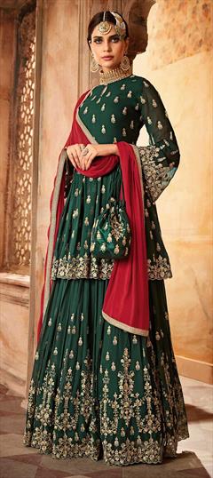 Bollywood Green color Salwar Kameez in Georgette fabric with Anarkali, Palazzo Embroidered, Stone, Thread, Zari work : 1853442