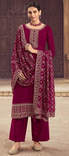 Reception, Wedding Pink and Majenta color Salwar Kameez in Georgette fabric with Palazzo Embroidered, Lace, Sequence work : 1853445